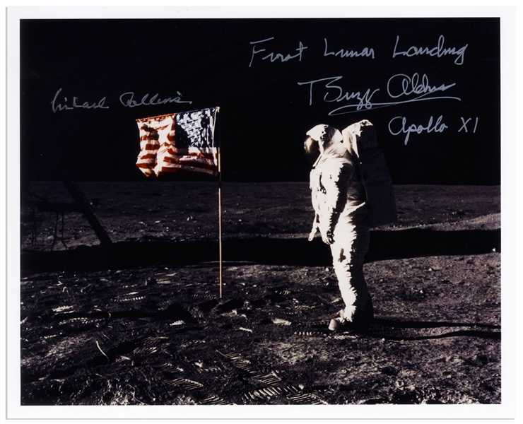 Buzz Aldrin and Michael Collins Signed 10'' x 8'' ''First Lunar Landing'' Photo -- Aldrin Stands in Front of the U.S. Flag on the Moon